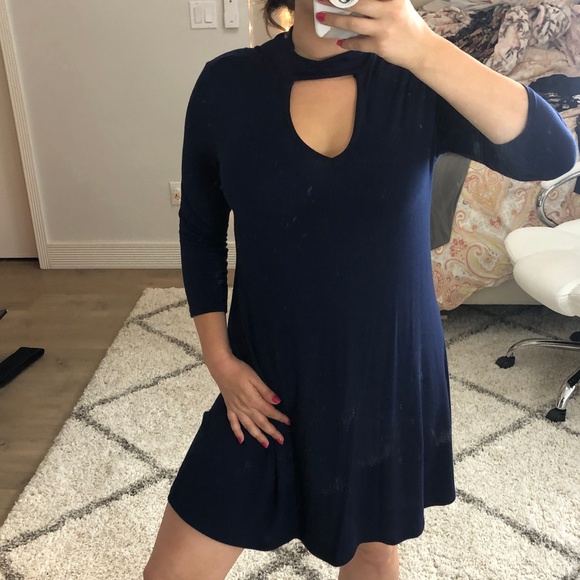 Blue Long Sleeve Neck Cutout Dress - Picture 2 of 4